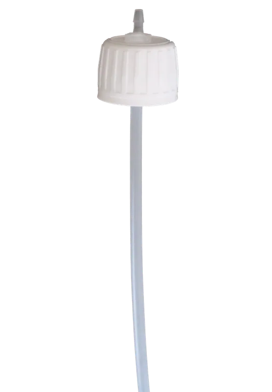 Vit adapterlock med integrerad, utbytbar munstycke och en lång transparent slang. Adaptern kopplar doseringsflaskor för diamant- eller oxidsuspensioner till doseringsenheter. Kompatibel med 500 ml och 1 l flaskor.