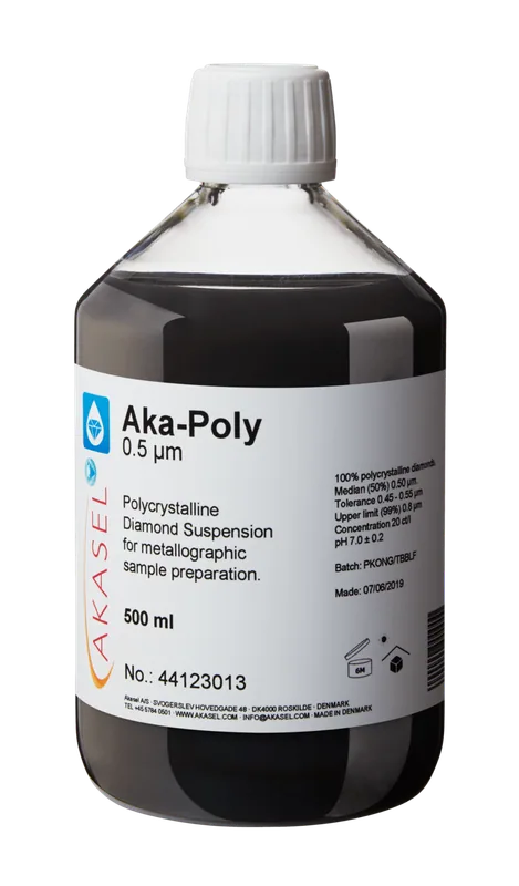 Akasel Aka-Poly 0.5 µm: Svart 500 ml flaska med vit skruvkork som innehåller en polykrystallin diamantsuspension, speciellt utvecklad för metallografisk provberedning. Etiketten visar detaljer som “Diamond concentration of 20 ct/l,” “Median (50%) 0.5 µm,” “Tolerance 0.45 – 0.55 µm,” och “Upper limit (99%) 0.8 µm.” Suspensionen rekommenderas för alla material utom vattenkänsliga och erbjuder snabb provberedning samt exakt justering av förhållandet mellan suspension och smörjmedel.