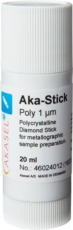 Akasel Aka-Stick Poly 1 µm – Polykristallin diamantstick, 20 ml, idealisk för grundning av polerdukar och vattenskänsliga material, med 250 ct/L koncentration.