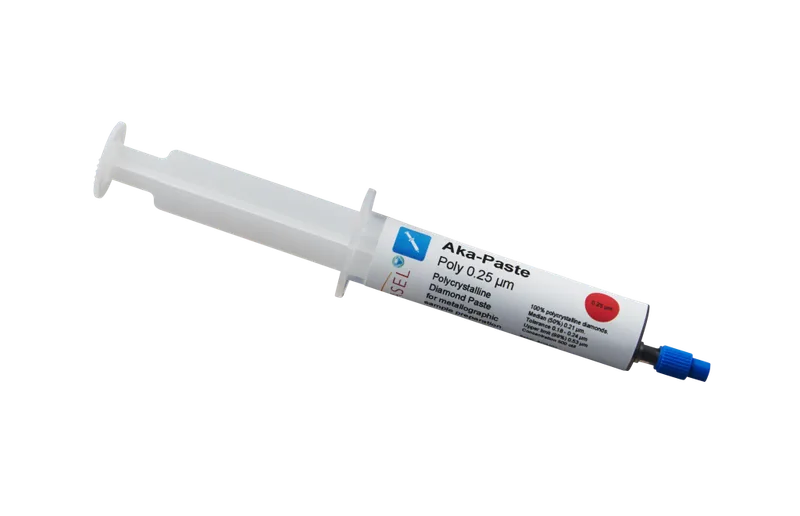 Akasel Aka-Paste Poly 0,25 µm – Polykristallin diamantpasta i en praktisk 10 ml tub med 500 ct/l koncentration, idealisk för finslipning och enastående ytfinish.