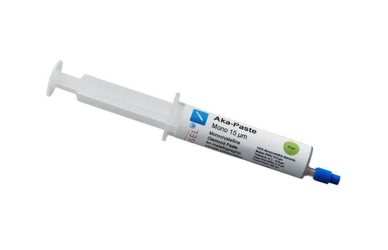 Akasel Aka-Paste Mono 15 µm – Monokristallin diamantpasta i en praktisk 10 ml tub med 500 ct/l koncentration, optimerad för jämn materialavverkning och pålitliga resultat vid metallografiska applikationer.
