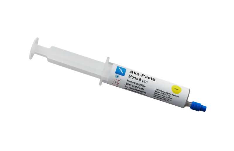Akasel Aka-Paste Mono 6 µm – Högkoncentrerad monokristallin diamantpasta i en praktisk 10 ml tub med 500 ct/l, idealisk för effektiv polering och jämn materialavverkning.