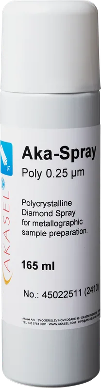 Akasel Aka-Spray Poly 0.25 µm – Finaste polykristallin diamantspray i en 165 ml flaska för högsta precision vid finslipning. Utvecklad för känsliga prover.